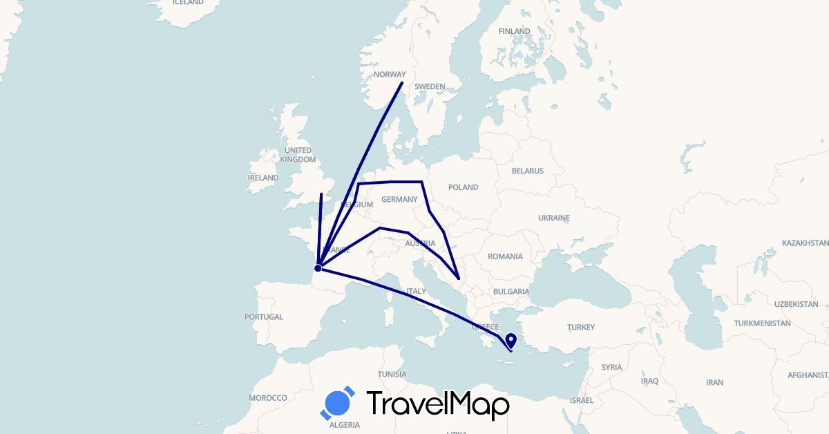TravelMap itinerary: driving in Austria, Bosnia and Herzegovina, Belgium, Czech Republic, Germany, France, United Kingdom, Greece, Croatia, Netherlands, Norway (Europe)